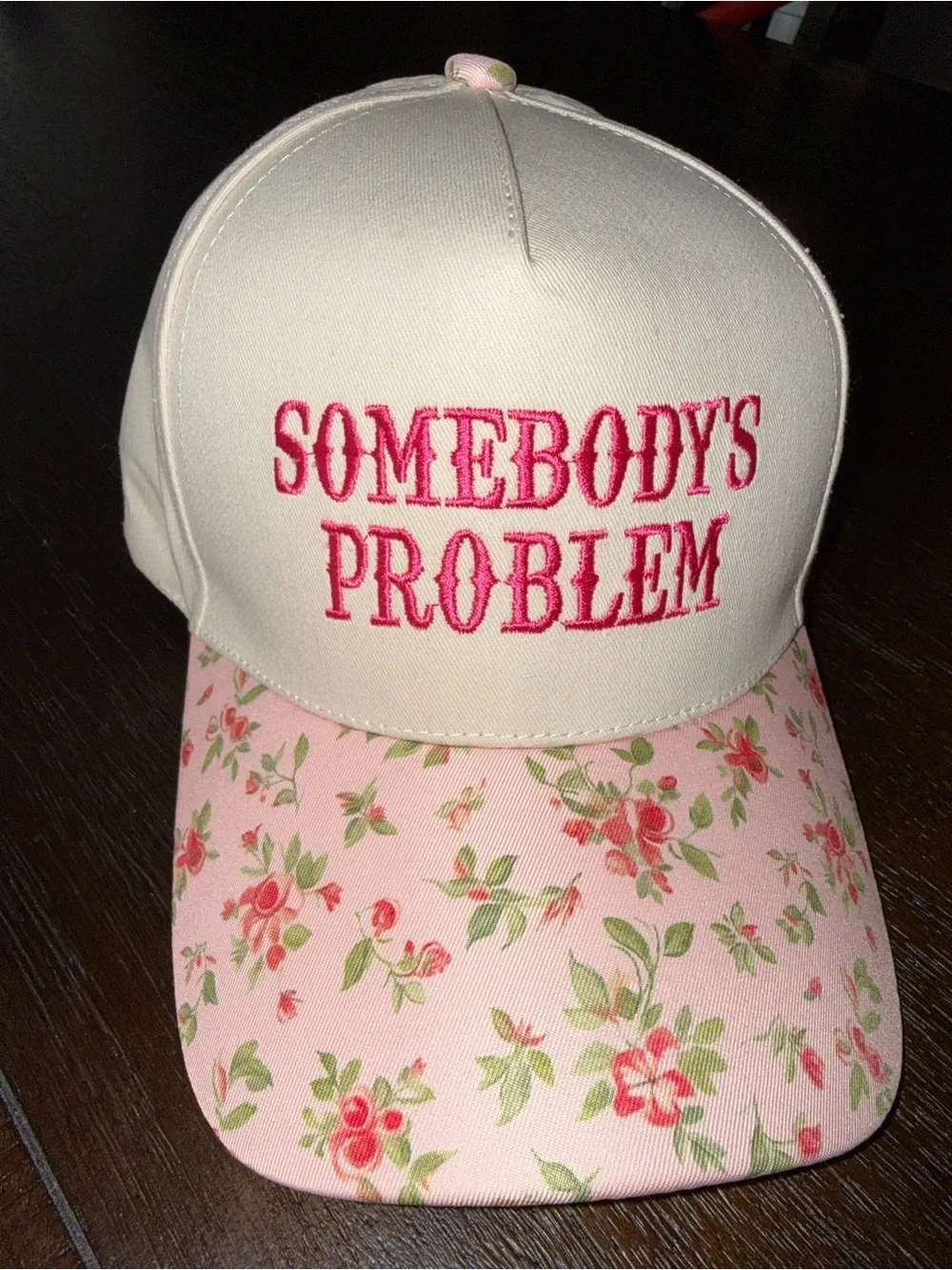 Pink Floral Baseball Cap with Pink Embroidered Slogan